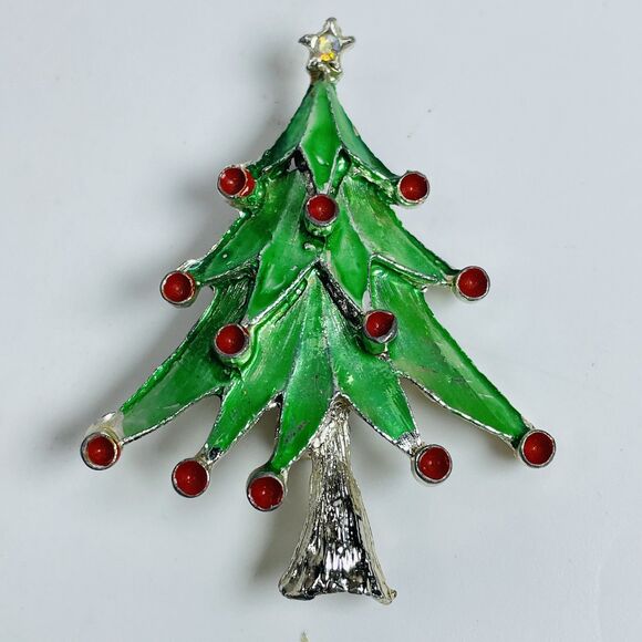 Jewelry - Vintage Christmas Tree Brooch Pin Green Enamel Red Rhinestones Silver Tone
